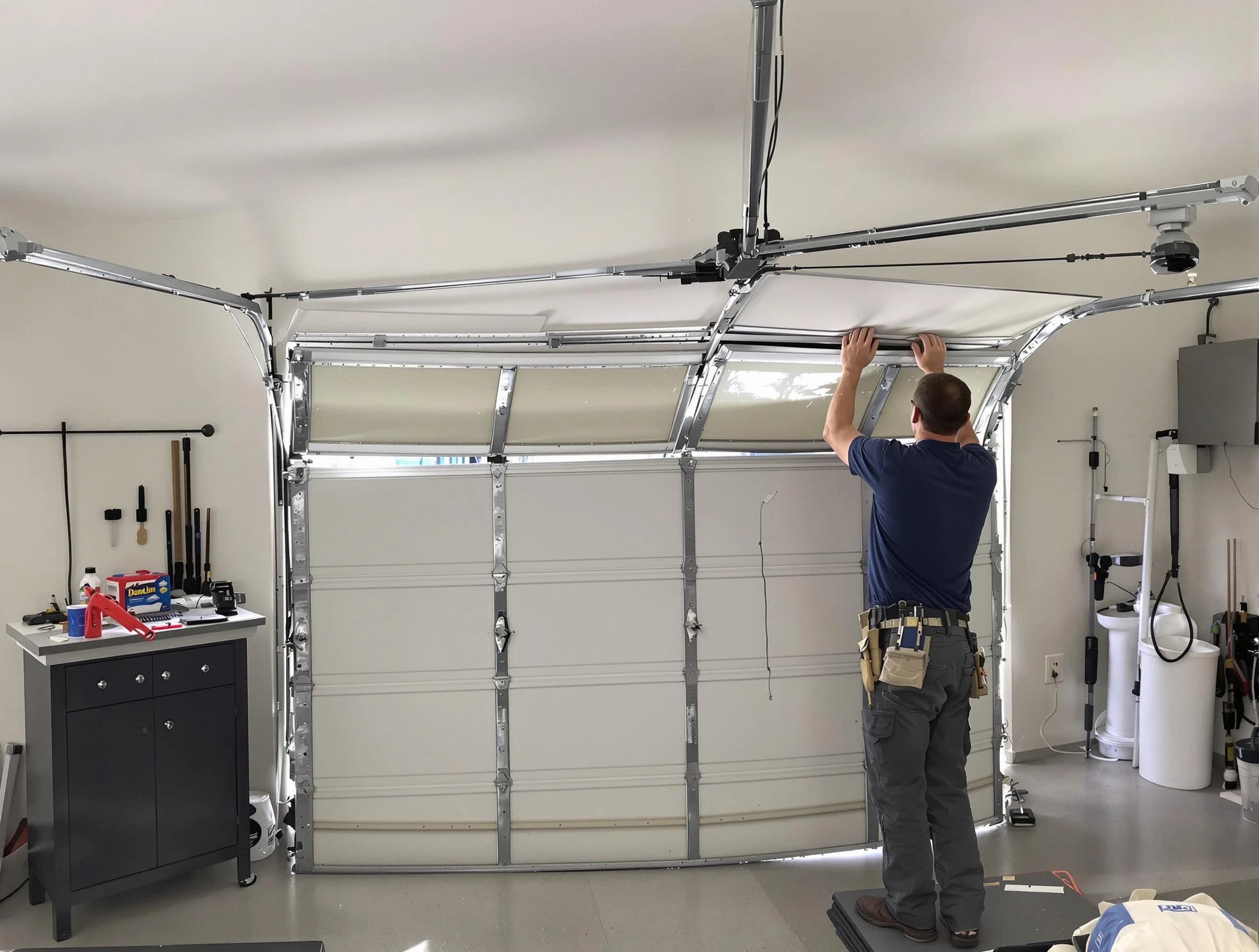 Newton Garage Door Repair specialist performing precise section replacement on Newton garage door