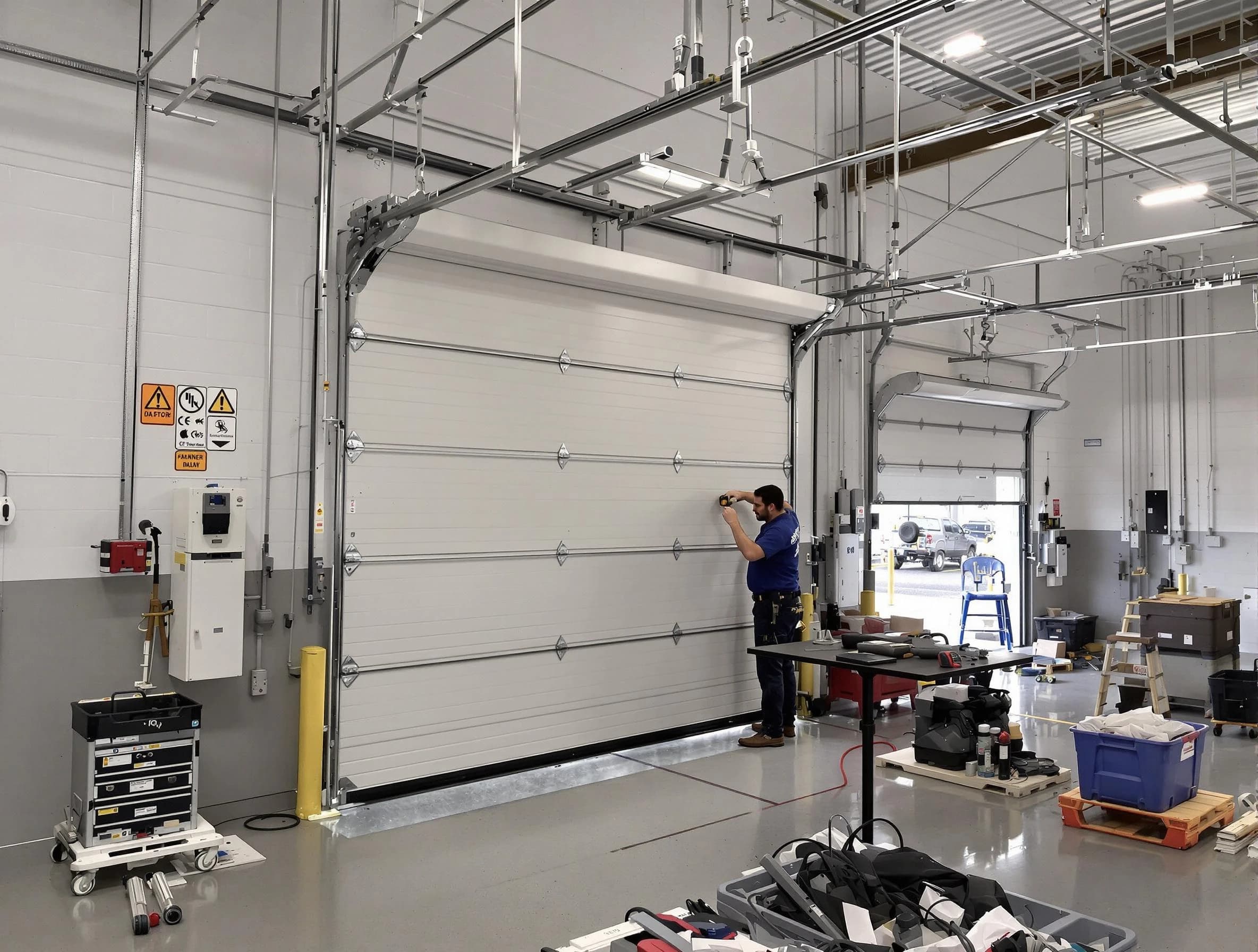 Commercial garage door repair being performed by Newton Garage Door Repair expert in Newton