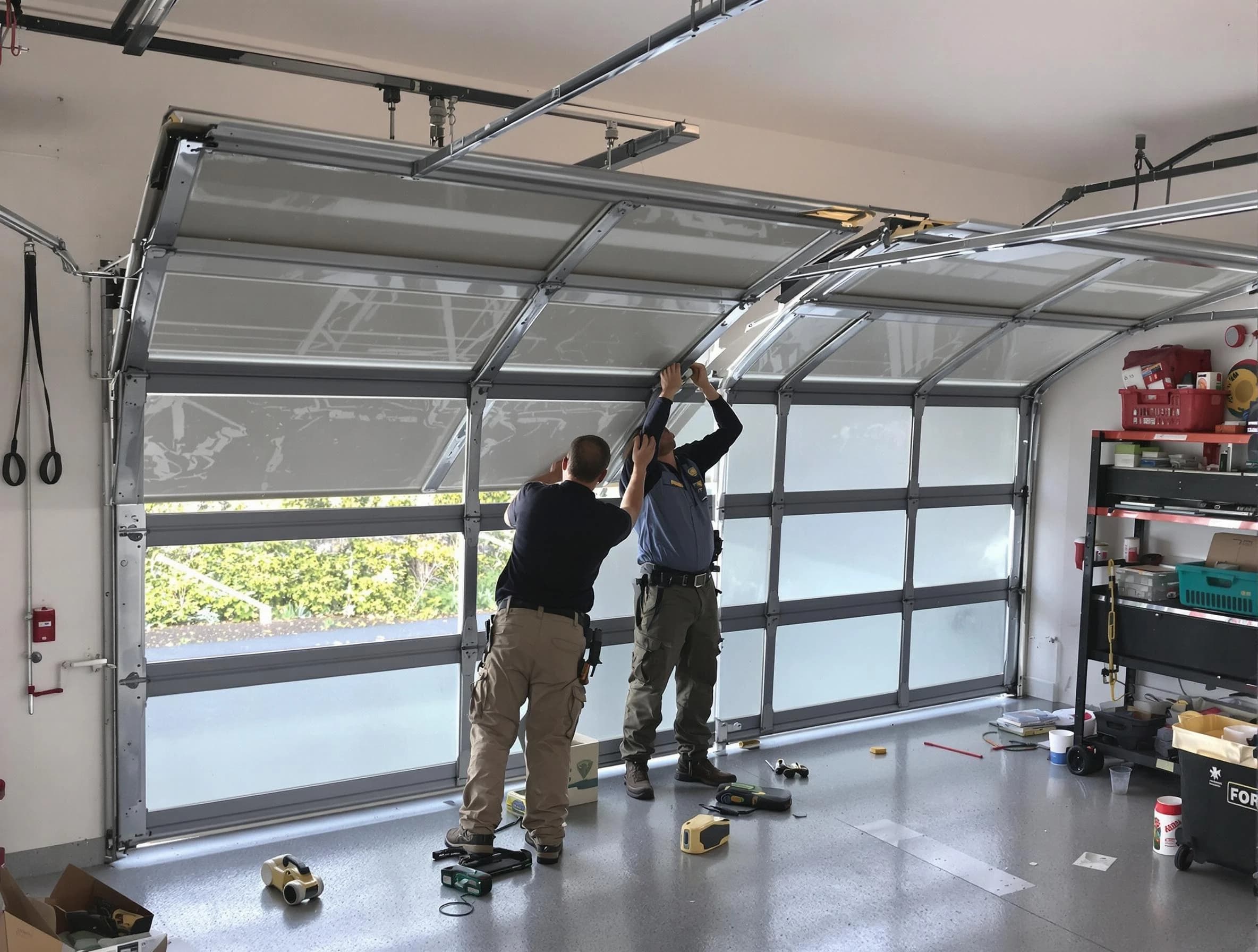 Newton Garage Door Repair expert performing precise panel replacement on Newton garage door