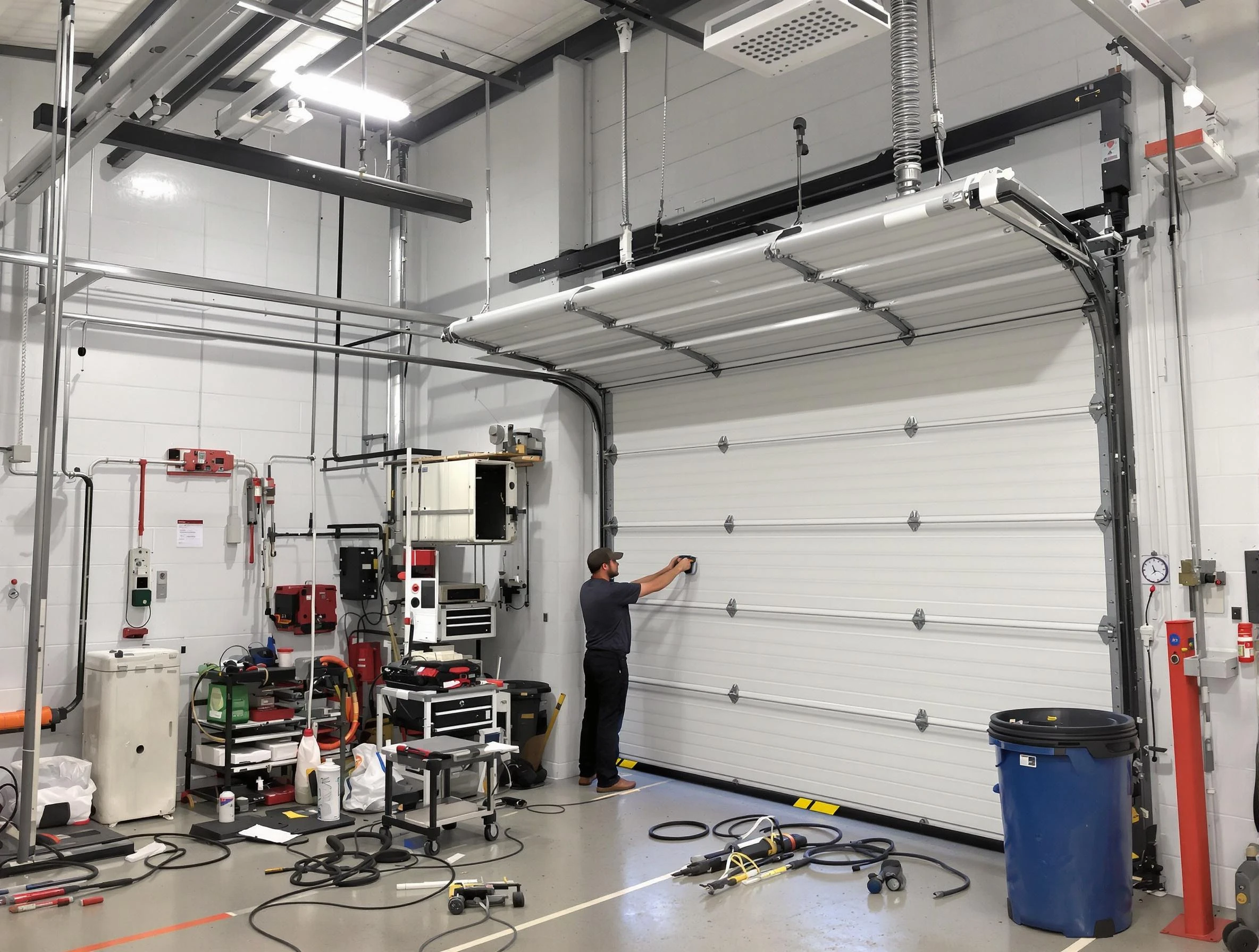 Newton Garage Door Repair certified technician performing commercial door repair at a Newton business facility