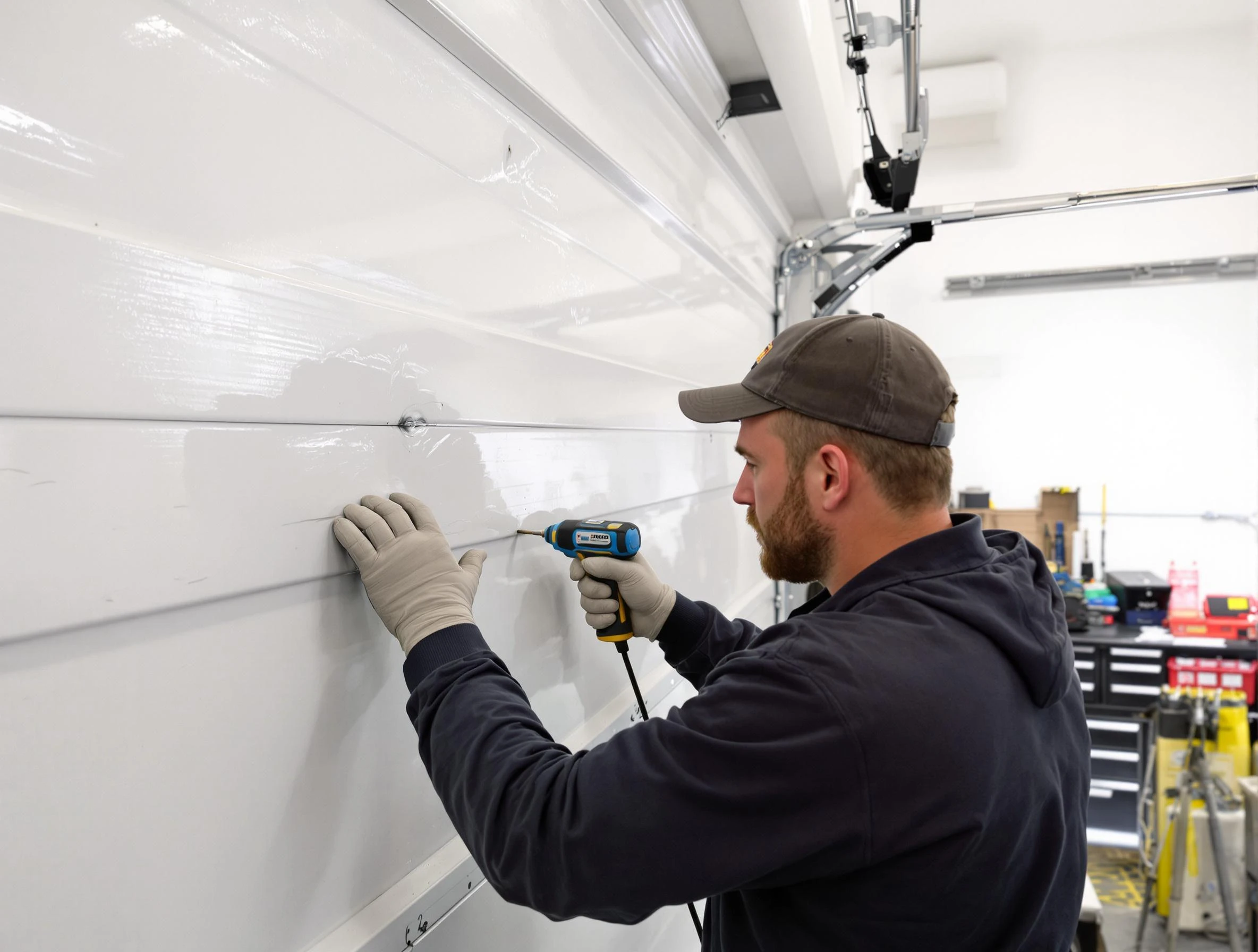 Newton Garage Door Repair technician demonstrating precision dent removal techniques on a Newton garage door