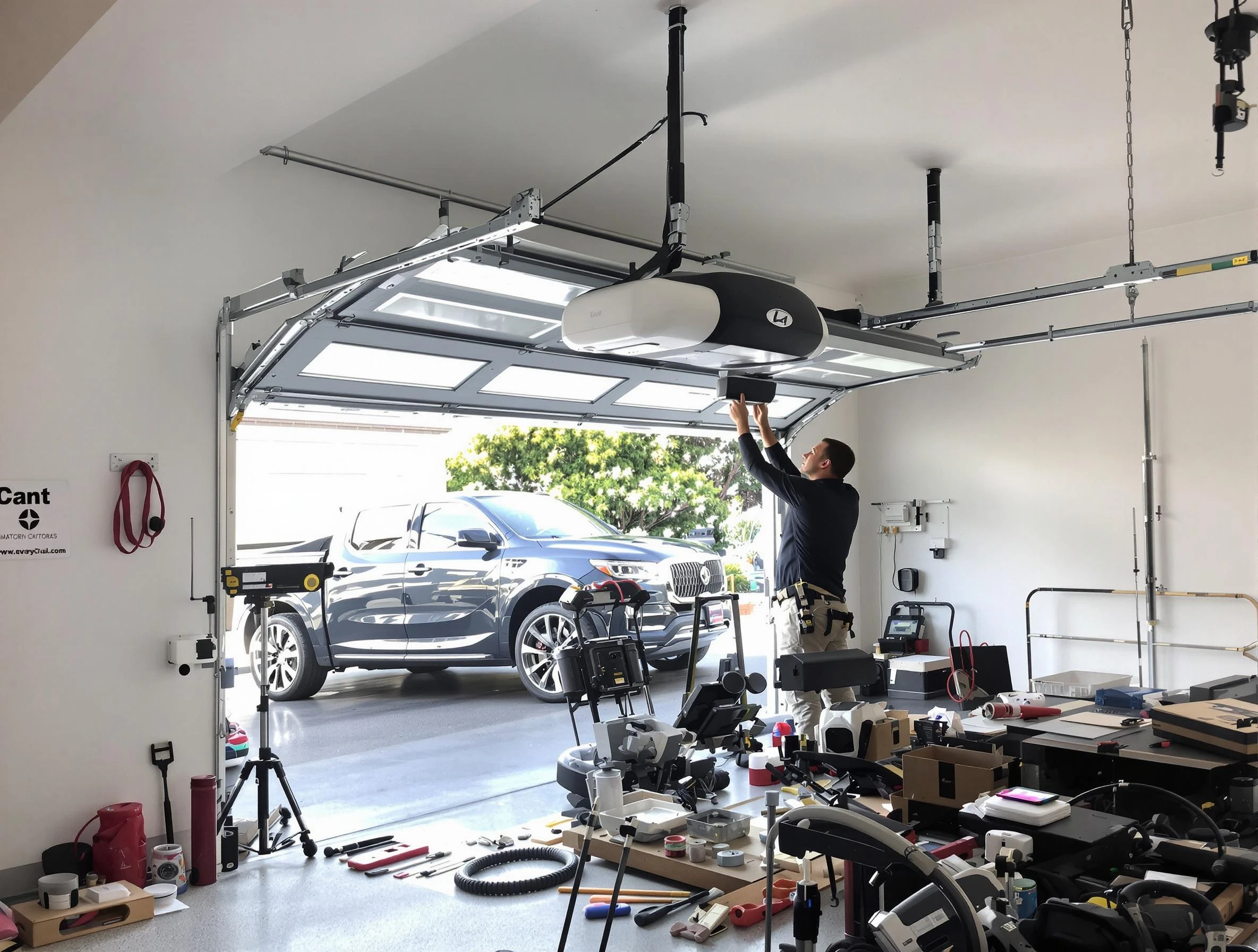 Newton Garage Door Repair specialist installing smart garage door opener system in Newton home