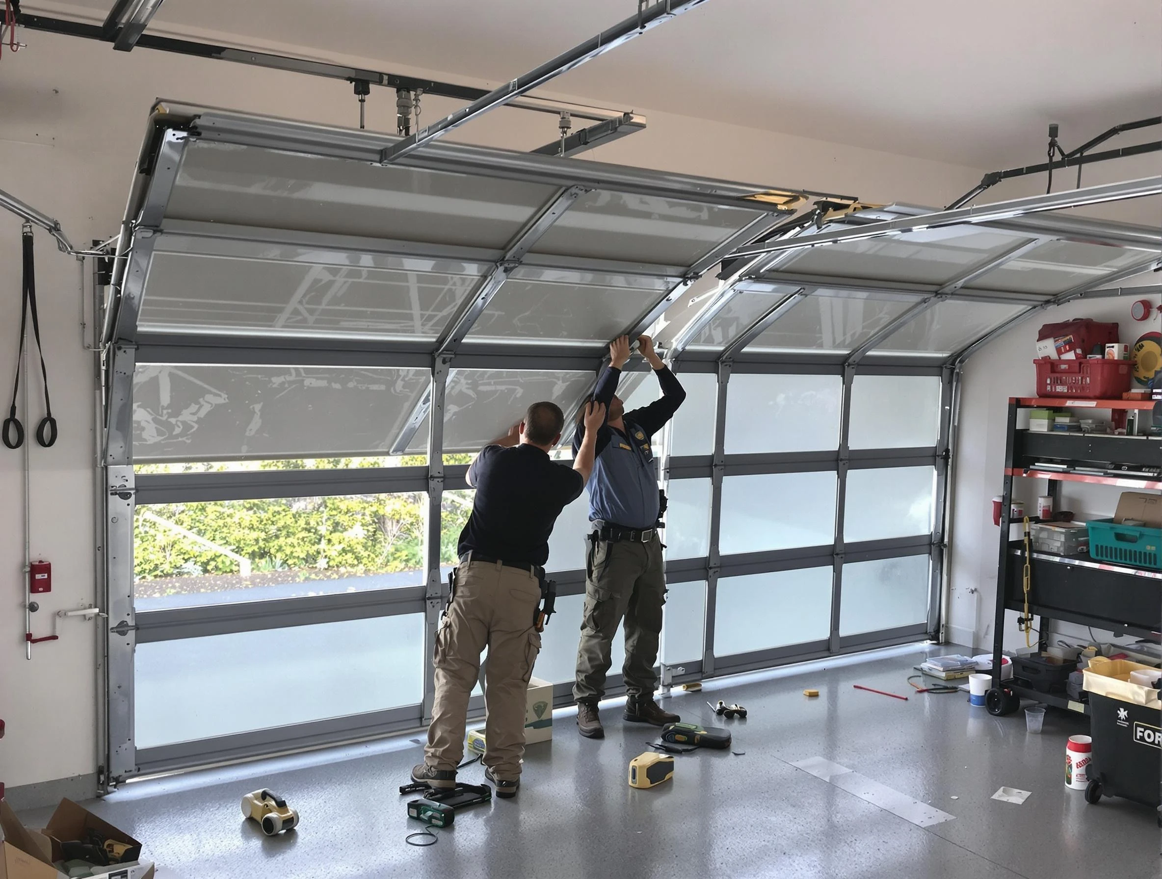 Newton Garage Door Repair expert performing precise panel replacement on Newton garage door