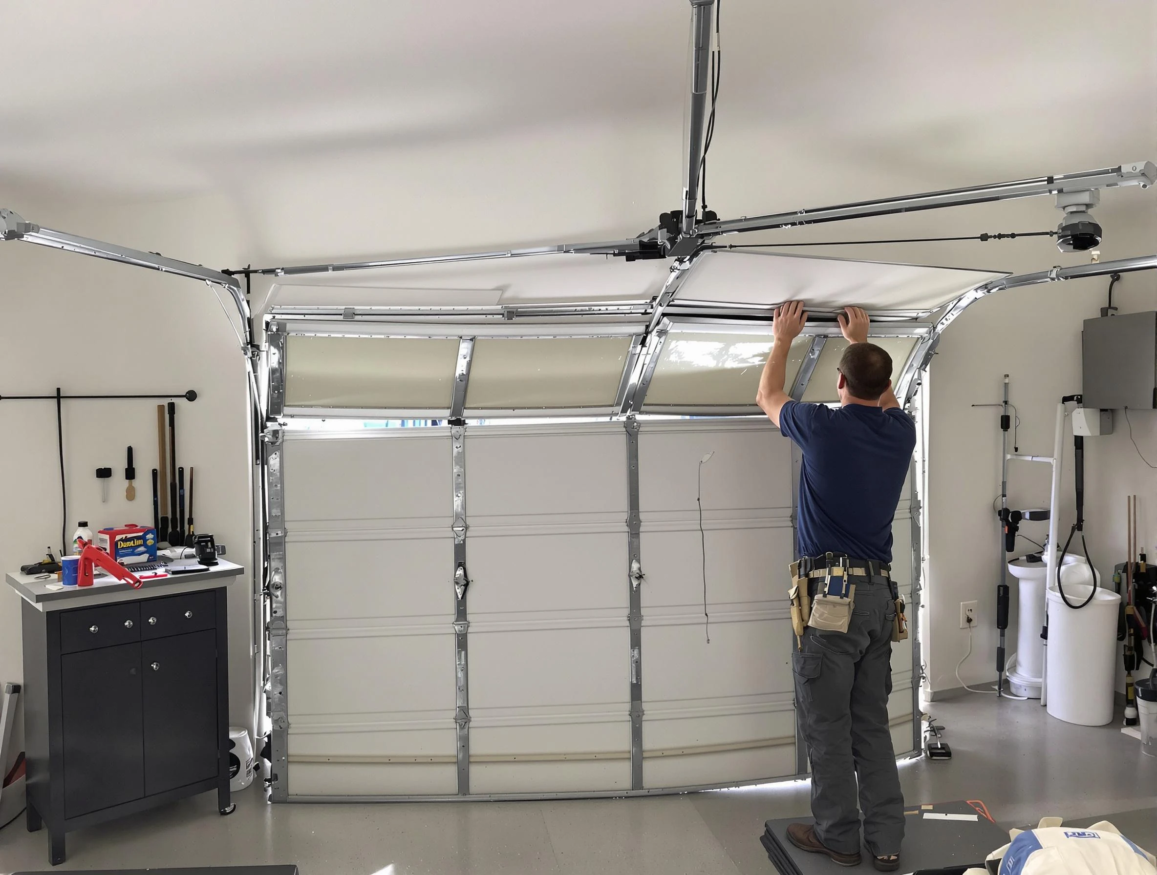 Newton Garage Door Repair specialist performing precise section replacement on Newton garage door