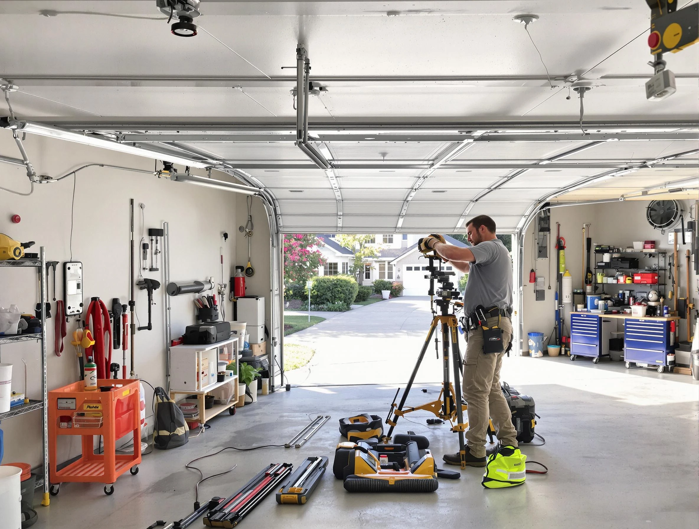 Newton Garage Door Repair specialist performing laser-guided track alignment in Newton